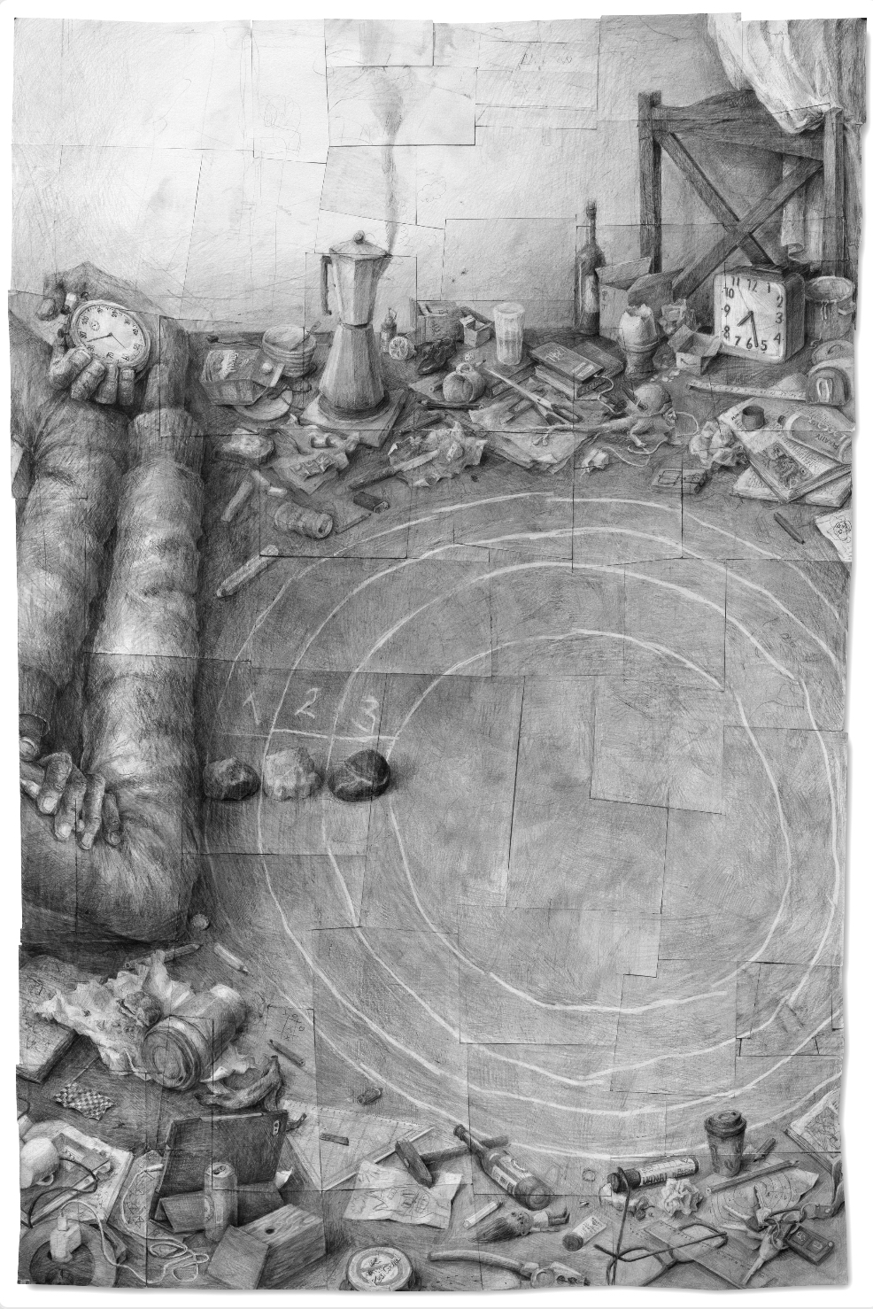 Das Rennen, 2025, Graphit auf Papier, 90 x 60 cm